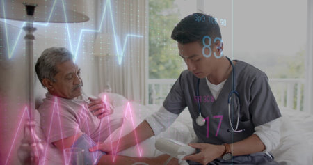 Image of heart rate monitor over diverse male doctor checking blood pressure of male patient....