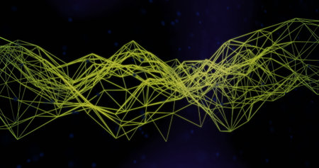 Image of green mesh over dna strand on black background. Global science, research, connections, computing and data processing concept digitally generated image.の写真素材