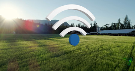 Image of wifi digital icon floating over landscape. global online digital interface, communication and interface concept digitally generated image.の写真素材