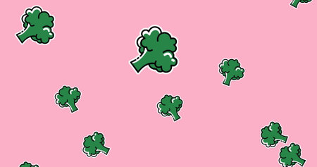 Image of green broccoli falling on pale pink background. food and nutrition concept digitally generated image.の写真素材