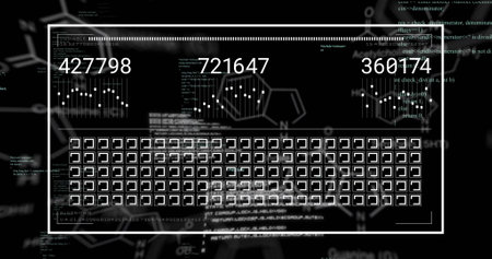 Image of data processing over dark background. Global business, finance, computing and data processing concept digitally generated image.の写真素材