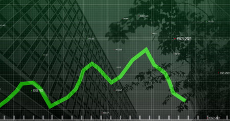 Image of statistical data processing against low angle view of tall buildings. Computer interface and business data technology conceptの写真素材
