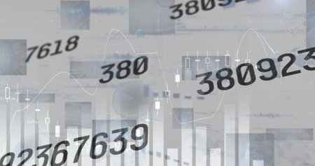 Image of financial graphs and changing numbers on grey background. global business, finance, economy and technology concept digitally generated image.の写真素材