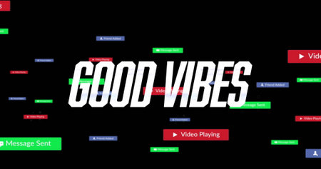Image of good vibes text and social media data processing on black background. Global computing, data processing and connections concept digitally generated image.の写真素材