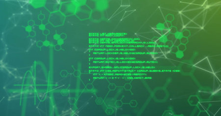 Image of molecules and scientific data processing. Global science, connections, computing and data...
