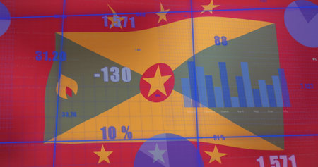 Image of statistical data processing against waving grenada flag background. Patriotism and business technology conceptの写真素材