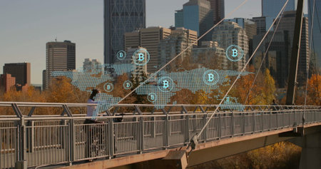 Image of world map and bitcoin symbols over cityscape. Technology, finances, computing and digital...