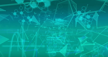 Image of molecules and scientific data processing. Global science, connections, computing and data processing concept digitally generated image.の写真素材