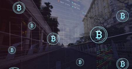 Image of data processing and bitcoin symbols over people walking on street. Technology, finances,...