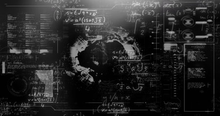 Image of loading bars and globe with mathematical equation on black background. Digitally generated, hologram, illustration, business, progress, globalization, formulas and education concept.の写真素材