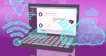 Image of application icons over chat with ai on laptop against abstract background. Digitally...