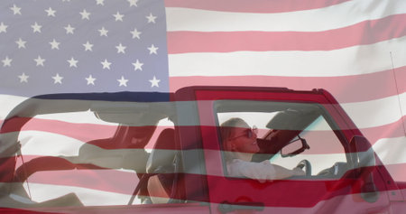 Image of flag of usa over happy diverse women in car by beach in summer. American patriotism, diversity and vacation concept digitally generated image.の写真素材