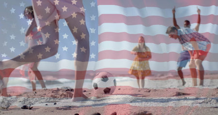 Image of flag of usa over happy diverse friends playing ball on beach in summer. American...