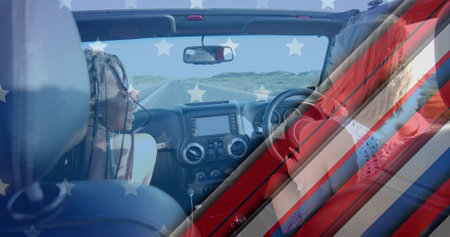 Image of flag of usa over happy diverse women in car by beach in summer. American patriotism, diversity and vacation concept digitally generated image.の写真素材