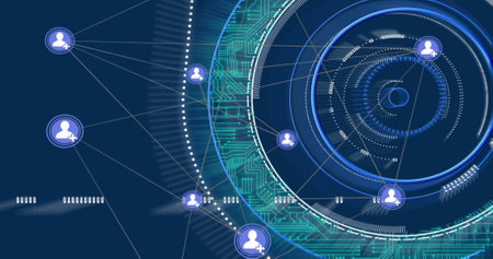 Image of scope scanning over network of connections with icons. Global business, networks,...