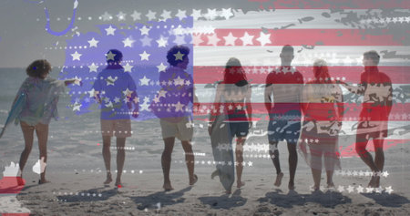 Image of flag of usa over happy diverse friends on beach in summer. American patriotism, diversity...
