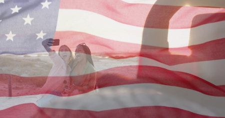 Image of flag of usa over happy diverse women by car by beach in summer. American patriotism, diversity and vacation concept digitally generated image.の写真素材
