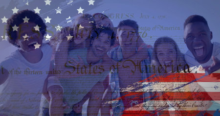 Image of flag of usa over happy diverse friends on beach in summer. American patriotism, diversity...