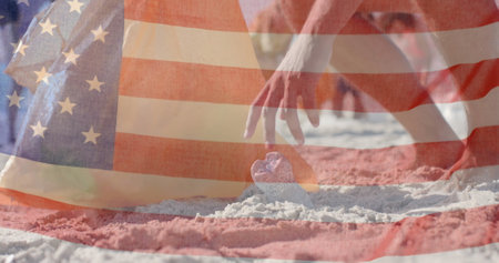 Image of flag of usa over happy diverse friends recycling on beach in summer. American patriotism, diversity and vacation concept digitally generated image.の写真素材