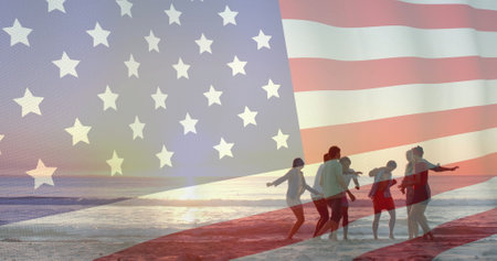 Image of flag of usa over diverse friends walking on beach. Patriotism and celebration concept digitally generated image.の写真素材