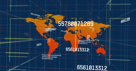 Image of financial data processing over world map. Global business, networks, connections, computing...