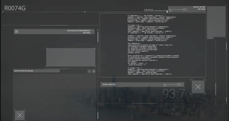 Image of glitching interfaces processing data on dark background. Connection, data, processing,...