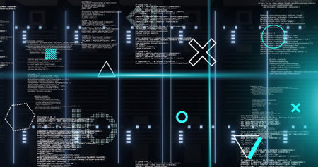 Image of rotating shapes and blue scanner beams over data processing on black background....