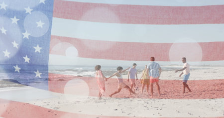 Image of flag of usa over happy diverse friends on beach in summer. American patriotism, diversity...