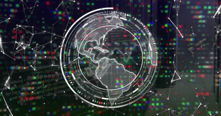 Image of globe with data processing over black background. Global artificial intelligence,...