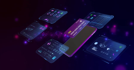 Image of data processing with credit card and smartphone over light spots on black background....