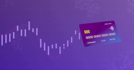 Image of credit card over data processing on purple background. Finances, business, computing, connections and digital interface concept digitally generated image.の写真素材