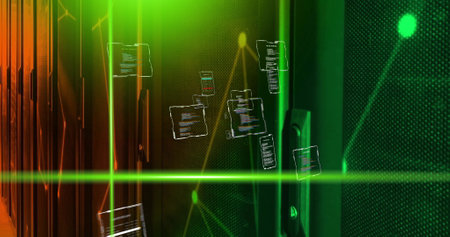 Image of green scanner beams, networks and interfaces processing data over server room. Connection,...
