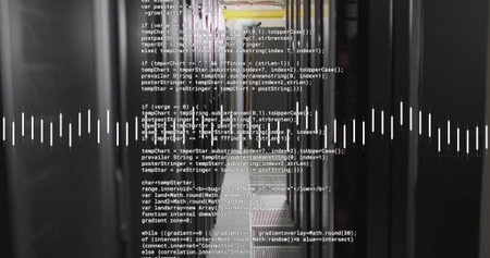 Image of data stream and text data files processing over dark computer server room. Connection,...