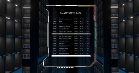 Image of quantitive data file processing over dark computer server room. Connection, data,...