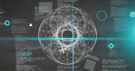 Image of rotating shapes and blue scanner beams over 3d network and data processing on grey....