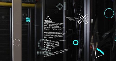 Image of rotating shapes and data processing over computer servers. Connection, data, processing, digital interface and communication, digitally generated image.の写真素材
