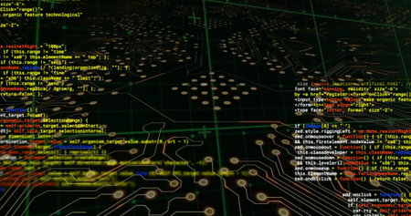 Image of colourful text data processing over circuit board network on black background. Connection,...
