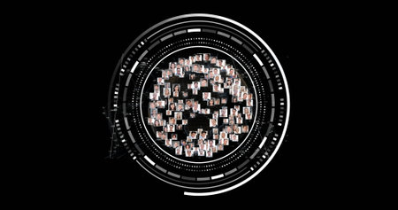 Image of scope with photos and data processing over black background. Global artificial intelligence, connections, computing and data processing concept digitally generated image.の写真素材