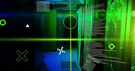 Image of rotating shapes, green scanner beams and processing data over server room. Connection,...