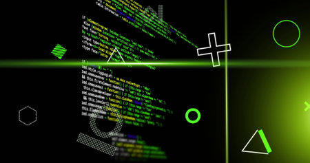 Image of rotating shapes and green scanner beams over data processing on black background....