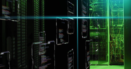 Image of blue scanner beams and interfaces processing data over computer servers. Connection, data,...