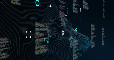 Image of rotating shapes and network wave over data processing on black background. Connection,...