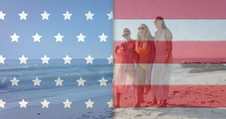 Image of flag of usa over happy diverse friends on beach in summer. American patriotism, diversity and vacation concept digitally generated image.の写真素材