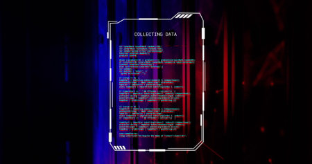 Image of collecting data text file processing over blue an red lights on computer servers....