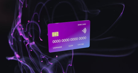 Image of credit card over light trails on black background. Finances, business, computing and digital interface concept digitally generated image.の写真素材