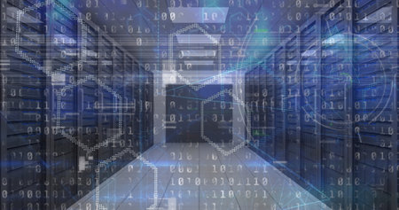 Image of binary coding data processing over computer servers in background. global internet...