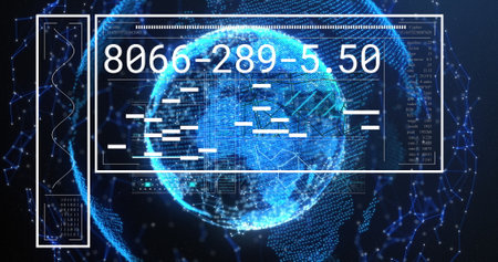 Image of interface with data processing over globe and network of connections on blue background. Global networking and business technology conceptの写真素材
