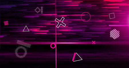 Image of rotating 3d shapes and pink scanner beams over pink and red light trails on black....