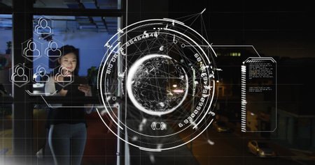 Image of globe with asian businesswoman in office and data processing. Global artificial intelligence, connections, computing and data processing concept digitally generated image.の写真素材