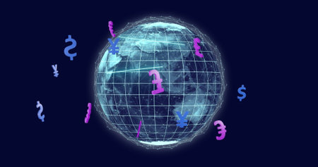 Image of globe of connections with currency symbols on black background. Finances, computing, connections and digital interface concept digitally generated image.の写真素材